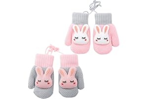 UILYNIU 2 Paires Moufle Bebe, Gants Bébé Enfants, Mitaine Enfant, Cartoon Mignon Gloves avec Corde, Mitaine Bébé, Gants Tricotés avec Doublure Peluche, Moufles Enfant Filles Garçons 0-3 Ans