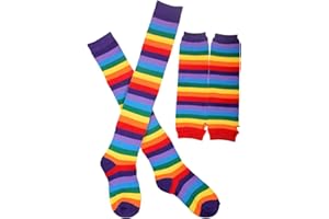 Tinksky Arc-en-Rayures Manchettes Bas de Jambe Cuisse coloré Haut Chaussettes Gants Fingerless Manches Set pour Femmes Filles Party Carnival Soutien