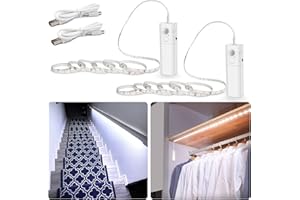 WOBANE LED Wardrobe Light Motion Activated,Battery Operated 2*2m LED Strip Lights,Rechargeable Motion Sensor LED Strip,LED Night Lights for Closet, Stair,Pantry,Counter,Cabinet,Bed,6000K White,2 pack