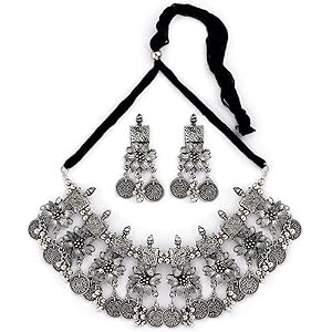 Shining Diva Fashion Latest Stylish Fancy Oxidized Traditional Oxidised Choker Necklace Jewellery Set for Women (rrsd13124s)