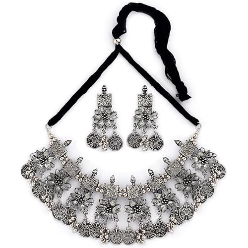 Shining Diva Fashion Latest Stylish Fancy Oxidized Traditional Oxidised Choker Necklace Jewellery Set for Women (rrsd13124s)