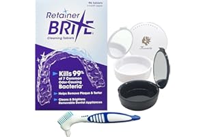 KUNWELY Retainer Brite 96 Tablets (3 Months Supply) Bundle with Denture Brush + Retainer Case with Mirror - Retainer Cleaner Tablets for Plaque, Tartar, Mouth Guard, Dentures & Orthodontic Appliances