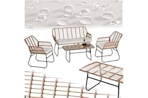 TecTake® Conjunto Jardín Exterior de Polirratán y Acero para 4 Personas, Muebles Jardín Exterior Resistentes a Intemperie, 2 Sillas y 1 Sillón con Cojines (Fundas Extraíbles) + 1 Mesa con Cristal