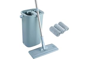 EASY GLEAM EasyGleam Kit Balai Serpillère & Seau Essoreur-Balai en Microfibre Plat avec Manche INOX, Seau Double Compartiment Humide et à Sec 2 Serpillères Réutilisables, Tous Types de Sols - Coloris aléatoire