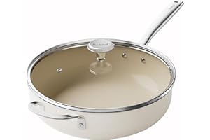 Redchef Poêle à frire en céramique avec couvercle anti-adhésif et poignée en acier inoxydable - Sans PTFE - Sans PFOA - Passe au four et au lave-vaisselle - 28 cm - Beige