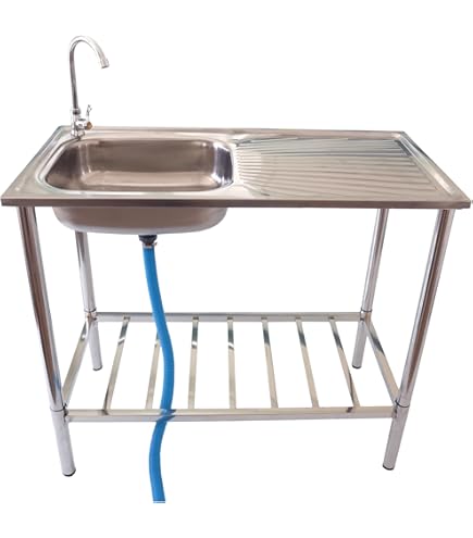 Roestvrij Stalen Wastafel Keuken, Spoelbak Vrijstaand Met Waterkraan Outdoor Campingspoelbak Tuin Met Standaard 42 cm x 37 cm x 82 cm