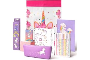 Anyfirst 37 Pezzi Unicorno Regalo Per Bambina, Set di Cancelleria Unicorno Includere Astuccio, Penne Colorate y Matite, Regalo Bambina 5 6 7 8 9 Anni Femmina, Viola