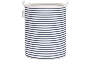 Sea Team - Cesta de almacenamiento de lona de arpillera cilíndrica de 19,7 pulgadas con revestimiento impermeable de gran tamaño, tela de algodón de ramio, plegable, con diseño de rayas azules