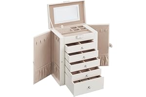 SONGMICS Caja Joyero de 6 Niveles, Navidad, Caja para Joyas con 5 Cajones, Gran Espacio, Interior con Espejo, Cerradura, Almacenaje de Joyas, Regalo para Seres Queridos, para Relojes, Blanco JBC152W01