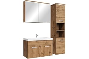 BADPLAATS B.V. Badplaats Badmöbel Komplettset Paso LED 80 x 40 cm Eiche - Badezimmermöbel mit Waschbecken, Spiegelschrank und Badezimmerschrank