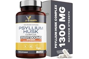 Psyllium Husks Capsules - 1300mg Fibre Supplement - 180 Vegan Capsules with Added Peppermint & Ginger - 2 Capsules not Tablets Per Serving - Plantago Ovata Plant Seeds - Made in The UK by YrHealth