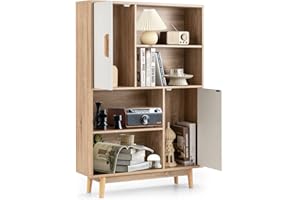 GIANTEX Aparador de Salón de Madera, Mueble Multiusos Vintage con 2 Puertas y 4 Compartimentos, 80 x 24 x 119,5 cm, Armario de Almacenamiento para Cocina, Salón, Dormitorio, 4 Colores (Blanco+Natural)
