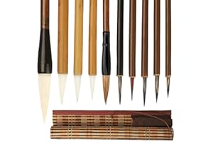 Midyrrg 10 Pcs Chinese Calligraphy Kanji Brush Set Mixed Wolf Hair Traditional Calligraphy Pens Art Painting Chinese/Japanese Sumi Writing Brush for Watercolor Drawing for Beginners(Roll Bag)