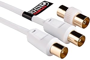 rhinocables Coaxial TV Aerial Cable with Gold-Plated Connectors | Male to Male RF Coax Lead with Female Adapter | Universal Compatibility for HD/Standard TVs & Satellite Receivers (1m, white)