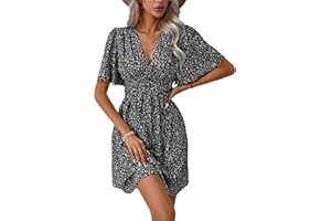 LIAMERHE Mini Robe Femme Manches Longues/Manches Courtes Col V Chic et Elegant Robes Manches Lanternes D'été et Hiver A-Line Casual Robe Casual pour Fête Noël Mariage