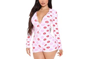 Edhomenn Women's Sexy One Piece High Waist Butt Flap Jumpsuit Casual Pattern Printing Rompers Long Sleeve Short Playsuit Bodysuit Pajamas