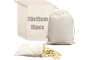 Ziamzra Bawełniana torebka 20 x 15 cm - 15 sztuk woreczków z tkaniny lnianej, mała torebka bawełniana ze sznurkiem do ściągania, torba wielokrotnego użytku, prezent, biżuteria, kawa, prezent, ślub,
