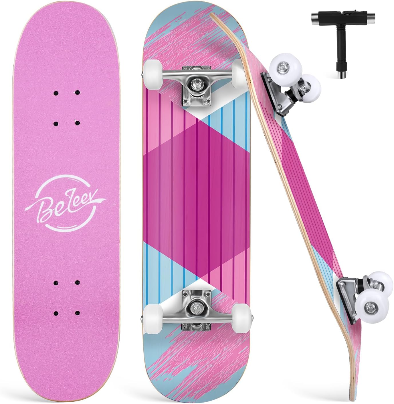 BELEEV Skateboards 31x8 para Principiantes, Niños, Adolescentes y Adultos, Completo Pro Cruiser Skateboard para Niña Niño, Arce Canadiense de 7 Capas, Doble Bandeja Cóncava, con Herramienta en T