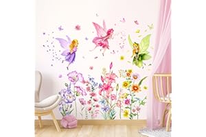 ‎SUPZONE Supzone Wandtattoo Rosa Blume Fee Wandaufkleber, Schmetterling Mädchen Elfen Wandabziehbilder abnehmbare Vinyl Wanddekoration für Mädchen Baby Kinderzimmer Kinder Schlafzimmer Wohnzimmer Badezimmer