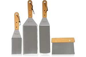 BBQ-Toro Espátulas de Acero Inoxidable | 4 Piezas | Set de Utensilios de Cocina con Espátulas Angulares y Raspador para Plancha de Barbacoa | Espátula de Teppanyaki | Volteador de Parrilla