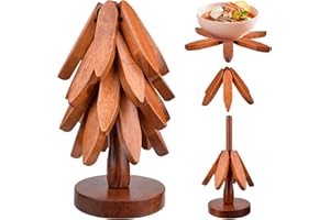 PIPIHOME Dessous De Plat Bois, Dessous De Plat Pliable en Forme d'arbre, Dessous De Plat Sapin pour Casseroles Et Poêles Chaudes, 4 Dessous de Plats en Bois + 1 Support (Marron)