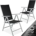 TecTake® Folding Aluminium Chairs, Set of 2 Reclining & Foldable Garden Seats, High Backrest with 7 Reclining Settings, Easy to Clean, Weather-Resistant, No Assembly Required - Light Grey