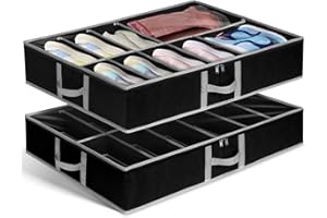 JUPELI 2 Pack Under Bed Shoe Storage Organiser, Fits 24 Pairs, Adjustable Velcro Underbed Shoe Box W/ Bottom & Side Support and Reinforced Handles, Foldable Sturdy Shoe Storage with Clear lids, 80*60*15.5cm