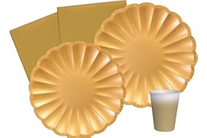 Ciao Kit Vajilla de Fiesta Flower Shape para 8 personas (44 pcs: 8 platos Ø23cm, 8 platos Ø18cm, 8 vasos 250ml, 20 servilletas 33x33cm) de papel compostable eco-friendly, oro