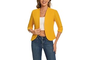 MINTLIMIT Womens Cropped Blazer Collarless Suits & Blazers Open Front Jackets 3/4 Ruched Sleeves Outerwear Half Linen Cardigan