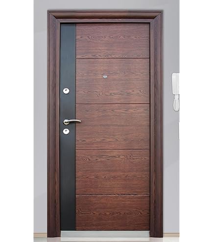 Porta Blindata Moderna Marrone Effetto Legno P13 - Con 5 Chiavi, Maniglia Acciaio, Spioncino, Apertura Interna Destra
