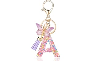 QUKE Fashion Alphabet Initial Letter Keychain Tassel Butterfly Pendant Key Ring for Purse Schoolbags Women Girl