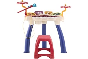 AIYAPLAY Piano Electrónico Infantil Piano para Niños 2 en 1 con 32 Teclas Batería Taburete Micrófono 19 Canciones y Volumen Ajustable 74x32,2x71 cm Multicolor
