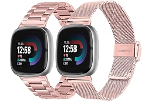 TRUMiRR Bracelet Sets Replacement for Fitbit Versa 4 / Sense 2 Copper Rose Women Solid Stainless Steel Bracelet + Mesh Metal Watch Strap for Fitbit Versa 3 / Sense