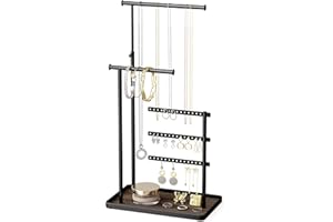 SUSSWIFF Schwarz Schmuck Organizer - 3 Stangen Schmuckständer, Schmuckaufbewahrung für Ohrringe, Armband, Halskette, Parfüm, Deko-Ästhetik Zubehör für Schminktisch, Verstellbarer Winkel und Höhe 37cm(Max)