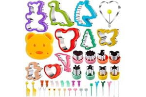 Ausstechformen Ausstecher Brot und Gemüse 45 Stück, Fiambrera Brot Ausstecher mit Food Picks Obstgabeln, Dinosaurier Micky Einhorn (Lila Gelb 45pcs)