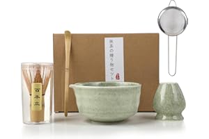‎MANKIW Matcha Set 6-teilig, Japanisches Matcha Tee Set mit Keramikschale mit Ausgießer, Bambusbesen, Besenhalter, Edelstahl-Sieb, Bambuslöffel, Traditionelles Matcha Starter Set für Teezeremonien