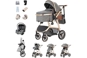 Zkiprm Baby Stroller 3-in-1, Travel System Includes Car Seat, Pushchair and Pram, Compact Stroller with Adjustable Armrests, Impact Protection, Landscape High Aluminum Frame