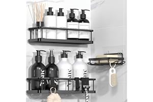 YASONIC 3 Pezzi Mensola doccia senza foratura, portaoggetti doccia con 4 ganci removibili, Organizer bagno con Portasapone doccia, Autoadesivo Mensole Bagno Organizzatore, Nero