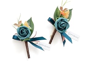 ‎LING'S MOMENT Ling's moment ansteckblume Anzug Buttonhole für Männer, 2 Stück Bräutigam Trauzeugen Gast-Boutonniere, künstliche Blumen für Hochzeit/Abschlussball/Heimkehr usw. Dunkles Blaugrün gebranntes Orange