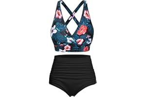 Svanco Bikini damski zestaw wyszczuplający brzuch, koronkowy strój kąpielowy z wysokim stanem, push up, moda kąpielowa, dekolt w kształcie litery V, wzór kwiatowy, dwuczęściowy strój kąpielowy z