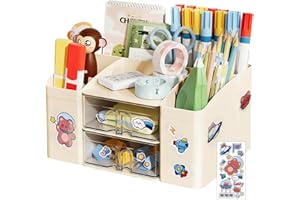 Lvjkes Stiftehalter Aufbewahrungskiste, Schreibtisch organizer 8 Fächer Große Kapazität, Doppelschicht transparente Schublade, Kann Bleistifte, Buntstifte,Verschiedene Schreibwaren aufnehmen - Beige