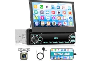 Autorradio Motorsi de 7'' con Pantalla Táctil HD Retráctil de 1 DIN, Bluetooth, Manual, Retráctil, con Enlace Espejo para iPhone y Android, USB, SWC, Radio FM, AUX, TF, Cámara de Reversa y Micrófono.