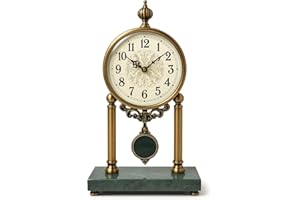 JRose Collections Vintage Table Clock with Swinging Pendulum – 40cm Tall, Brass with Green Marble Base, Silent Quartz Movement, Classic Mantel Clock for Home, Office, or Gift JR1218