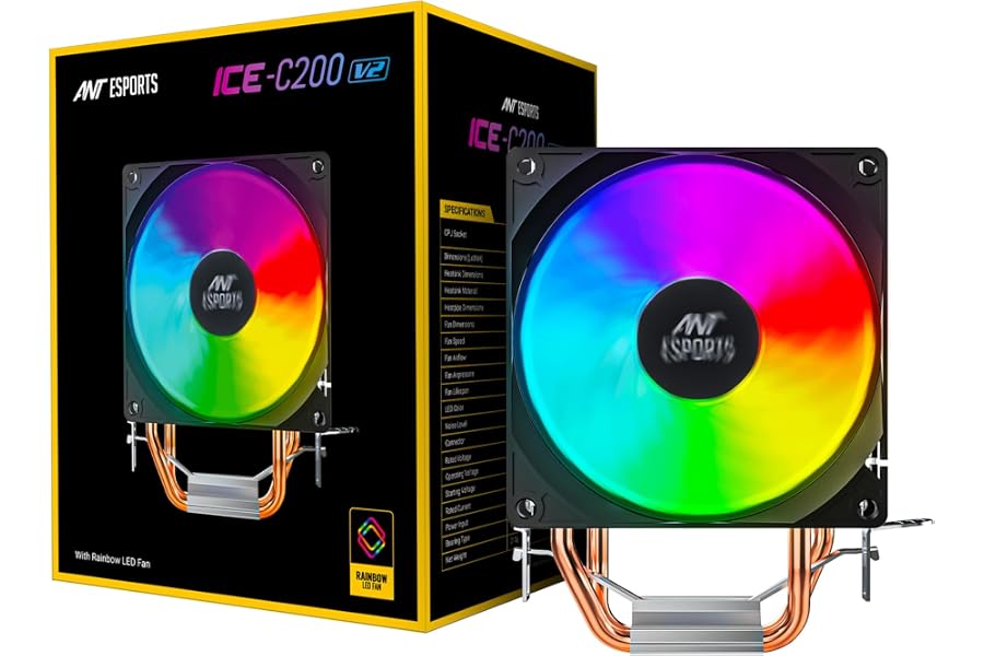 Amazon listing image: Ant Esports ICE-C200 V2 CPU Cooler/CPU Fan with Rainbow LED Fan