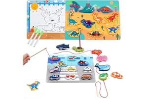 SHUCHING 3 Pcs Double-Side Magnetic Wooden Puzzles, 4 In 1 Fishing Matching Bug Catching Whiteboard Drawing, Montessori Chunky Puzzle Toys for Toddlers