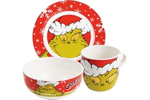 UNITED LABELS The Grinch zestaw śniadaniowy – Merry Grinchmas 3-częściowy talerze, miska i filiżanka z porcelany czerwony