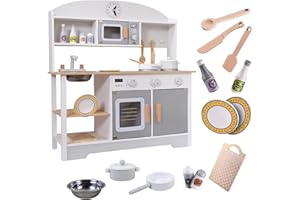 MAGIC SELECT Cucina giocattolo in legno. Cucina giocattolo per bambini +3 anni, con forno, lavello, microonde, piano cottura e 12 accessori, gioco educativo Montessori (72x68x26 cm)