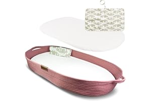 Yunioo matelas à langer, panier à langer avec coussin de voyage supplémentaire, matelas à langer en mousse et housse hydrofuge, panier en corde de coton, dessus de table à langer │Rosé