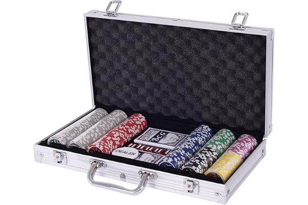 COSTWAY Malette Poker, Jetons Poker avec Ensemble de 300 Jetons et 2 Jeux de Cartes, 5 Dés, 1 Bouton, Dealer, Mallette en Aluminium (Argent)