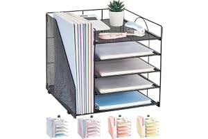 LEKETREE Desk Organizers and Accessories, 5-Tier Paper Letter Tray Organizer with File Holder, Desktop Organizer for Office Supplies, Office Desk Accessories & Workspace(Black)